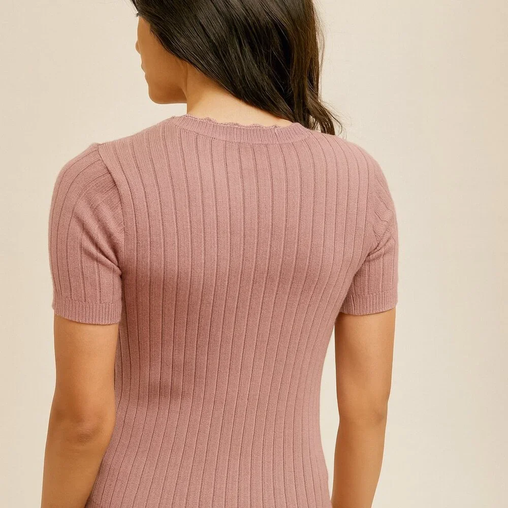 HEM & THREAD Dusty Rose Ribbed Knit Top, Short Sleeve Button Detail Sweater Tee - Picture 3 of 5